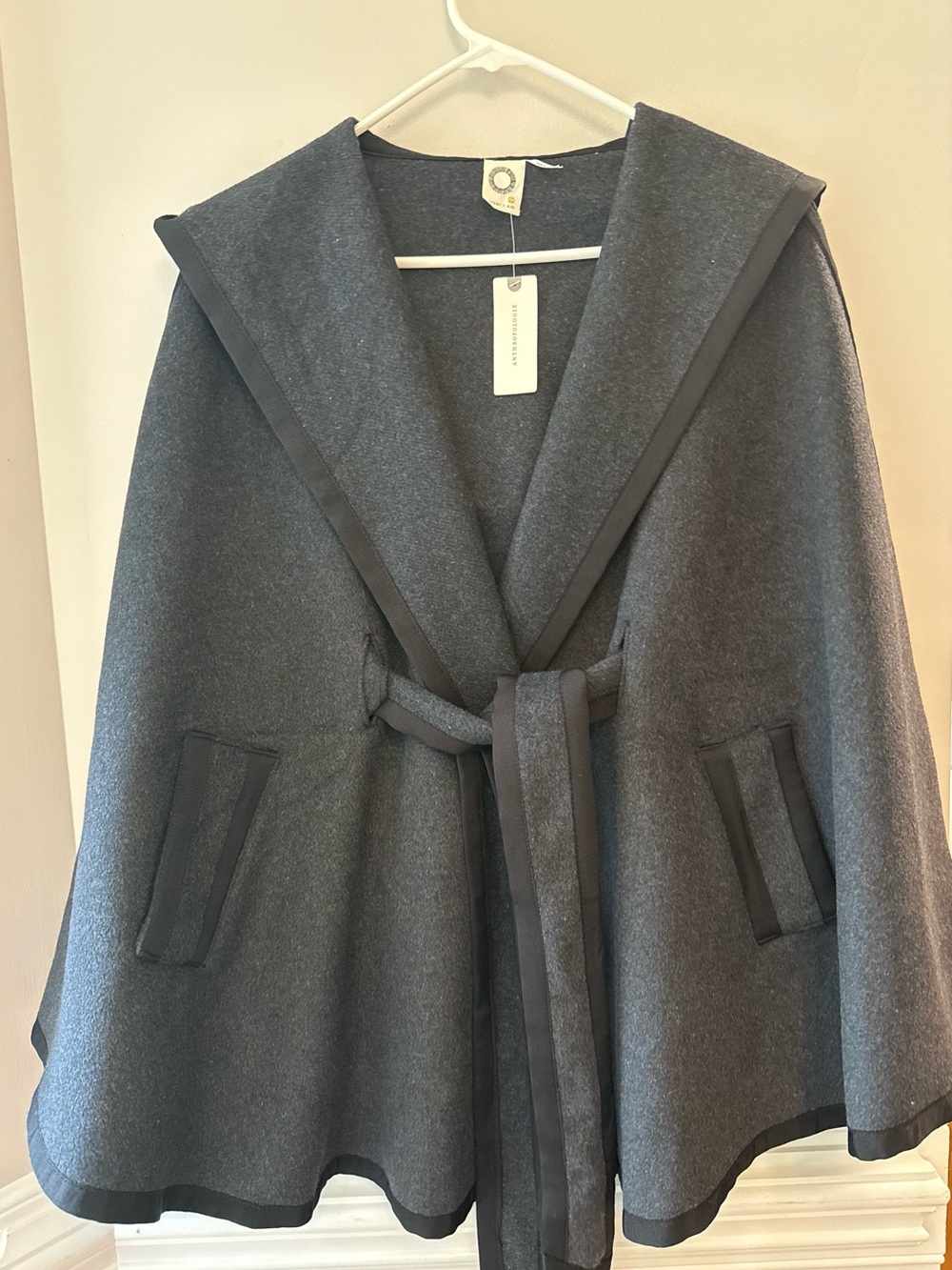 Anthropologie Akemi+Kin  Charcoal Gray Hooded Wrap Cape with Belt
